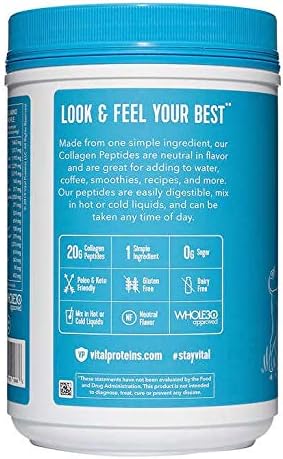 Vital Proteins Collagen Peptides Powder, Promotes Hair, Nail, Skin, Bone and Joint Health, Zero Sugar, Unflavored 20 oz